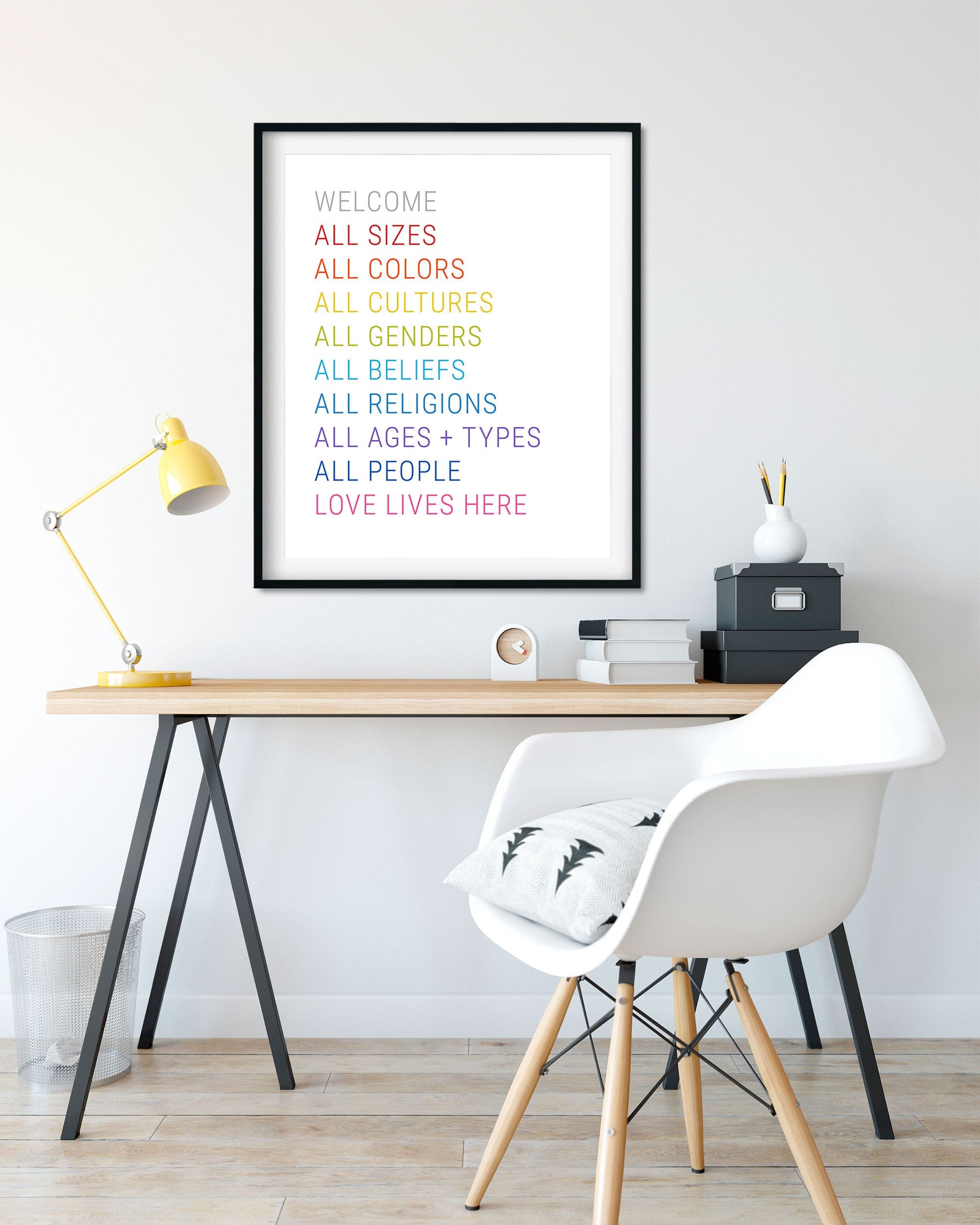 All Are Welcome Equality Print hanging in home office - Transit Design