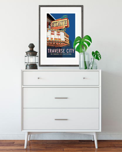 Traverse City State Theatre Film Festival Poster hanging above a dresser - Transit Design