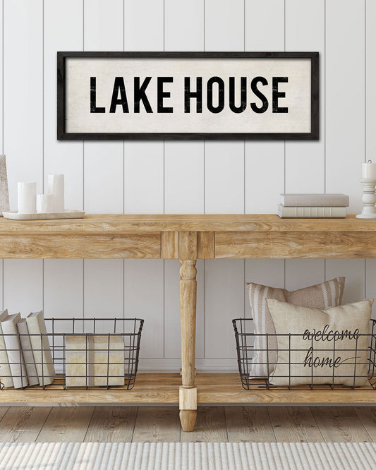 Vintage Lake House Sign with black frame hanging in entryway - Transit Design