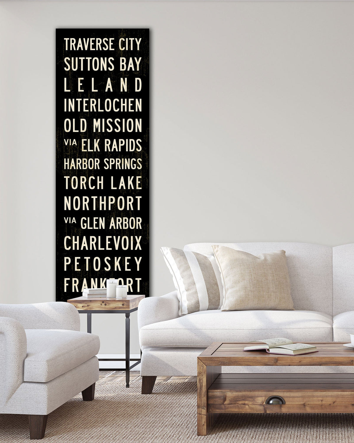 Subway art for living room with white sofa