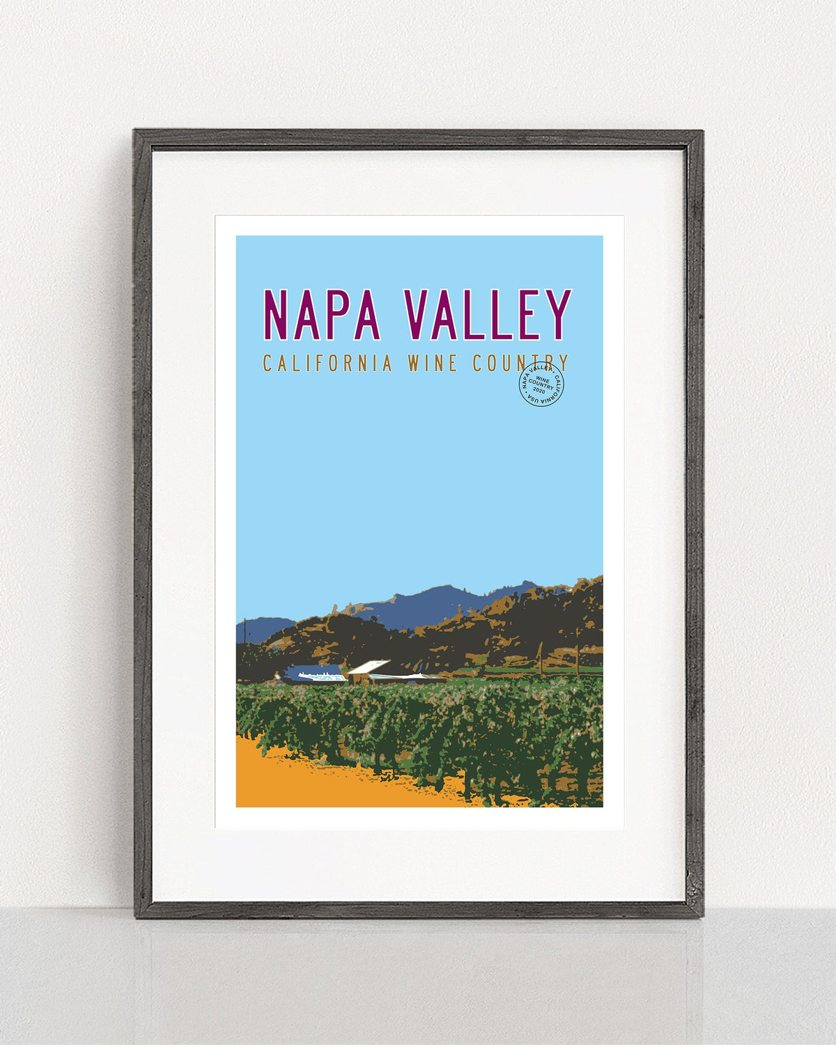 Wall Posters by Transit Design. Framed Napa Valley Poster with vineyard illustration sitting on white background.