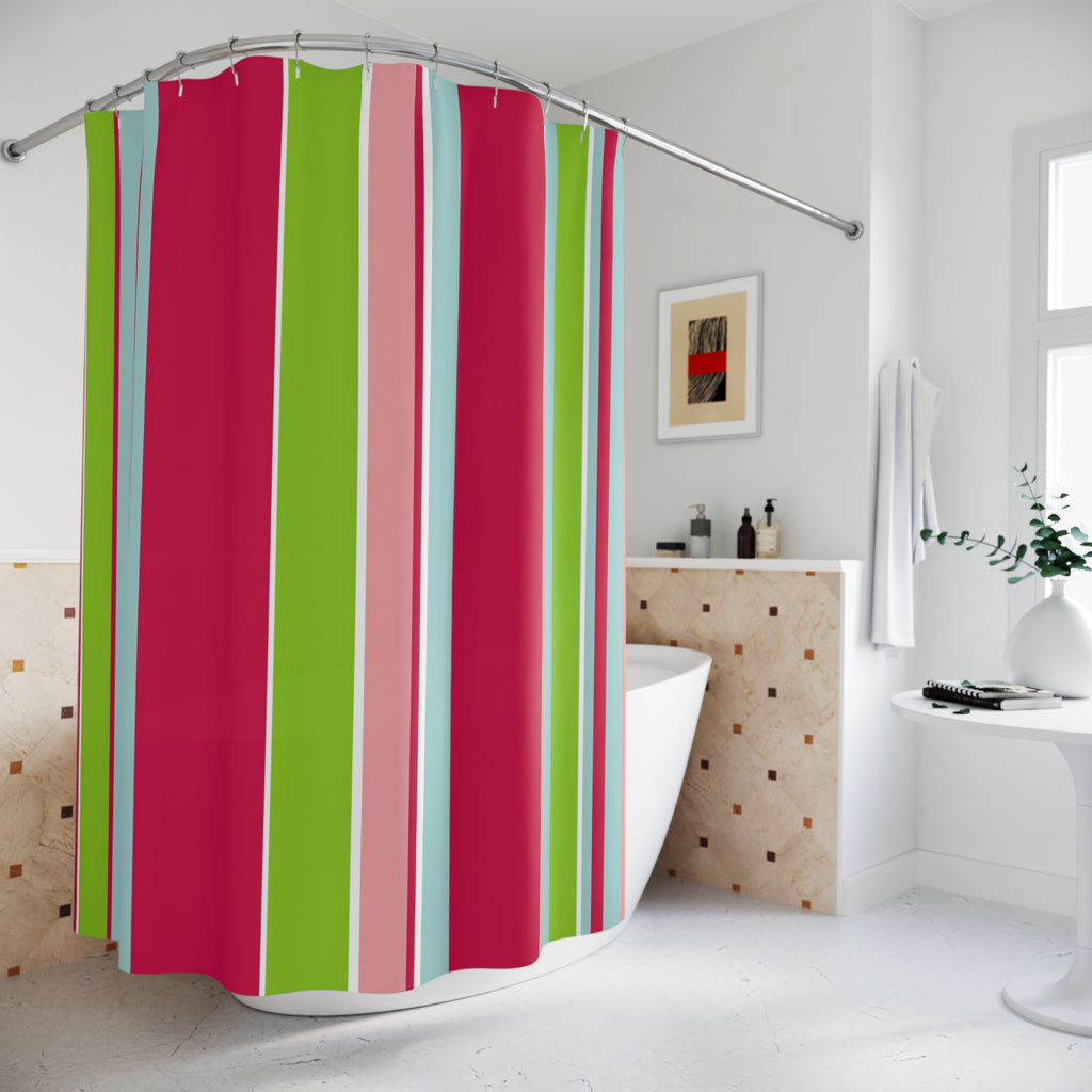 Christmas Striped shower curtain in a bathroom with a bathtub and sink from Transit Design.