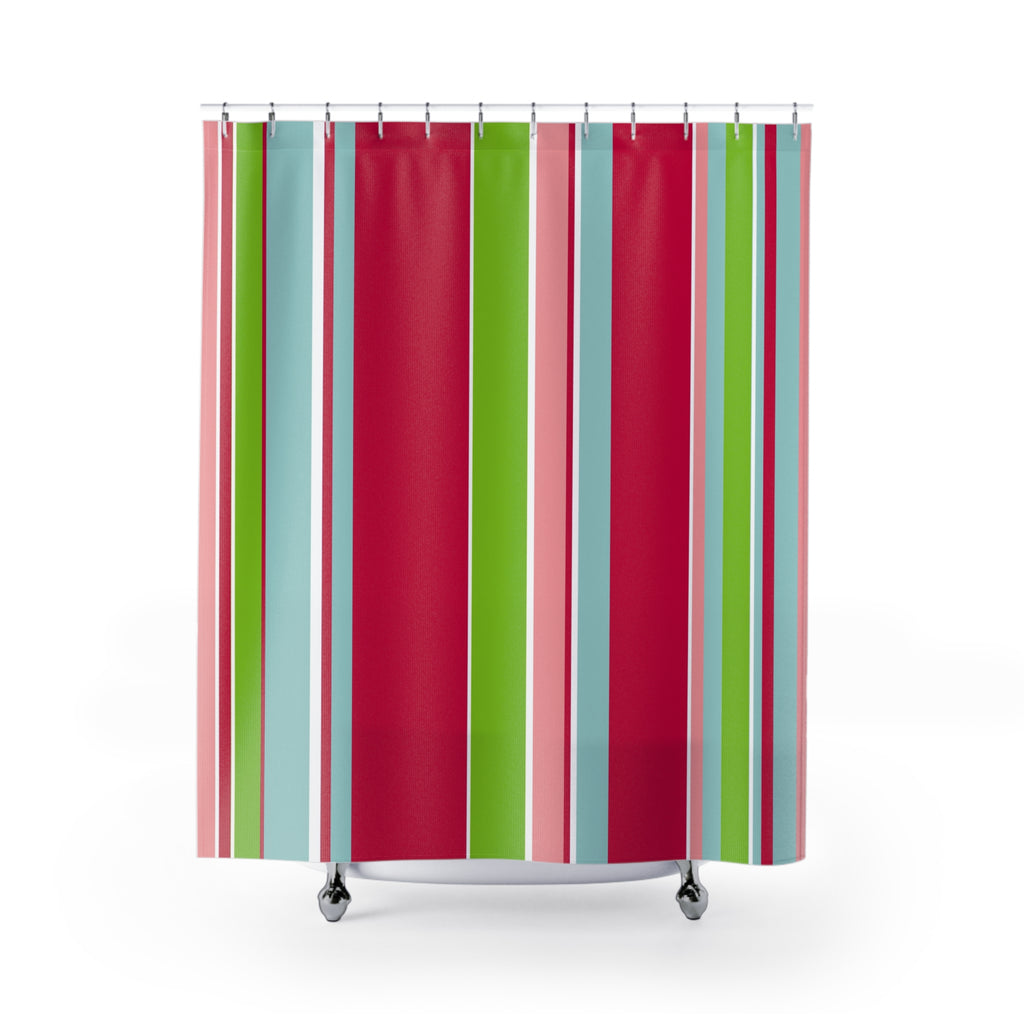 Candy Striped Christmas shower curtain with red, green, and blue vertical stripes from Transit Design.
