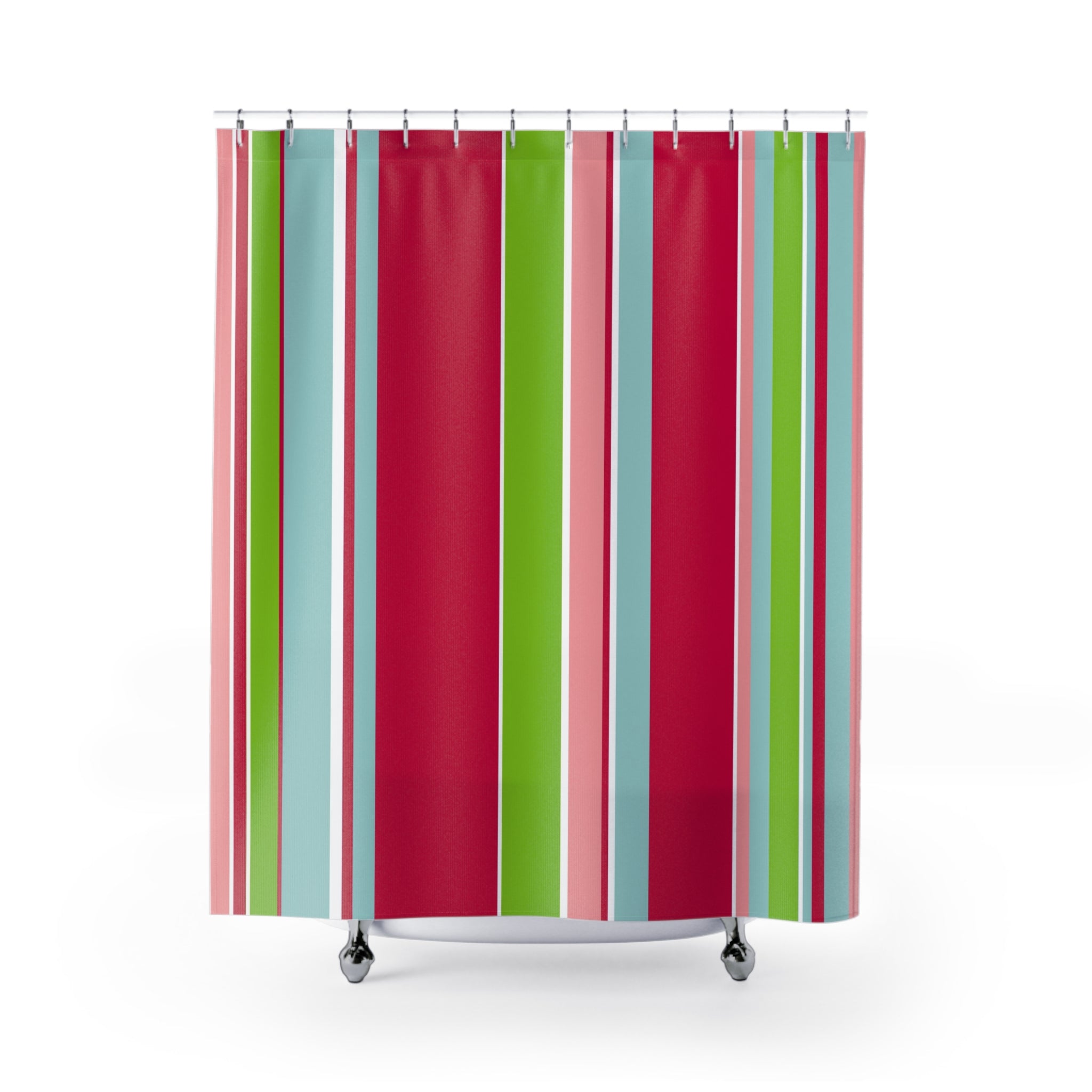 Candy Striped Christmas shower curtain with red, green, and blue vertical stripes from Transit Design.