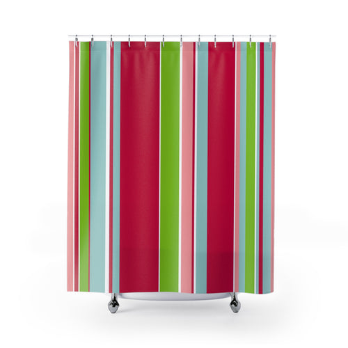 Candy Striped Christmas shower curtain with red, green, and blue vertical stripes