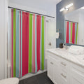 Bathroom with a colorful candy striped Christmas shower curtain