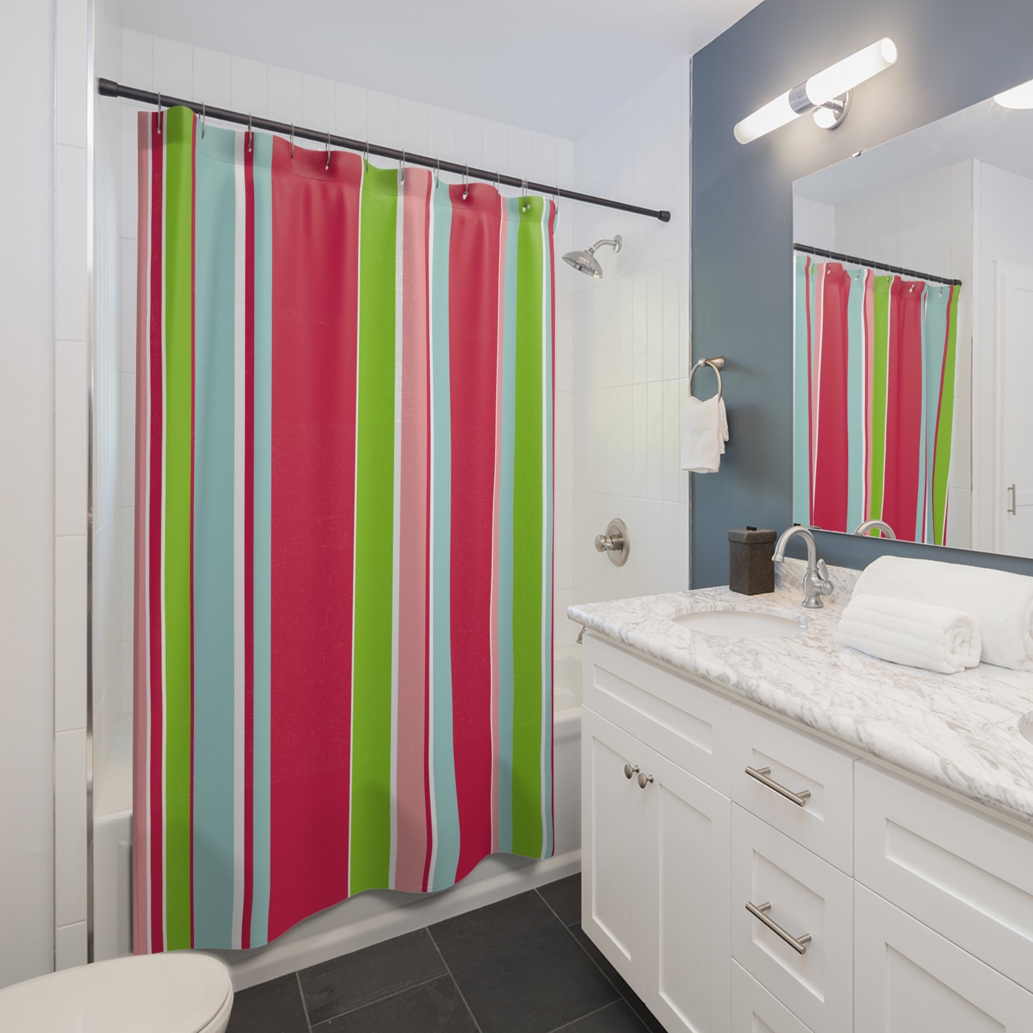 Bathroom with a colorful candy striped Christmas shower curtain from Transit Design.