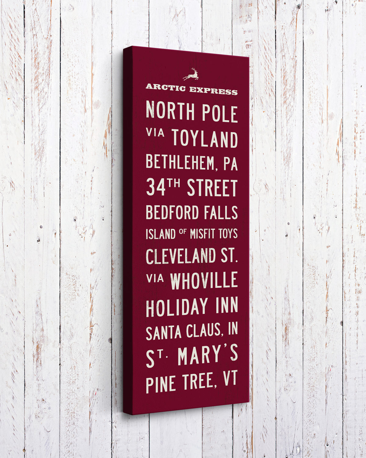 Red Christmas Subway Sign Hanging on white wood wall