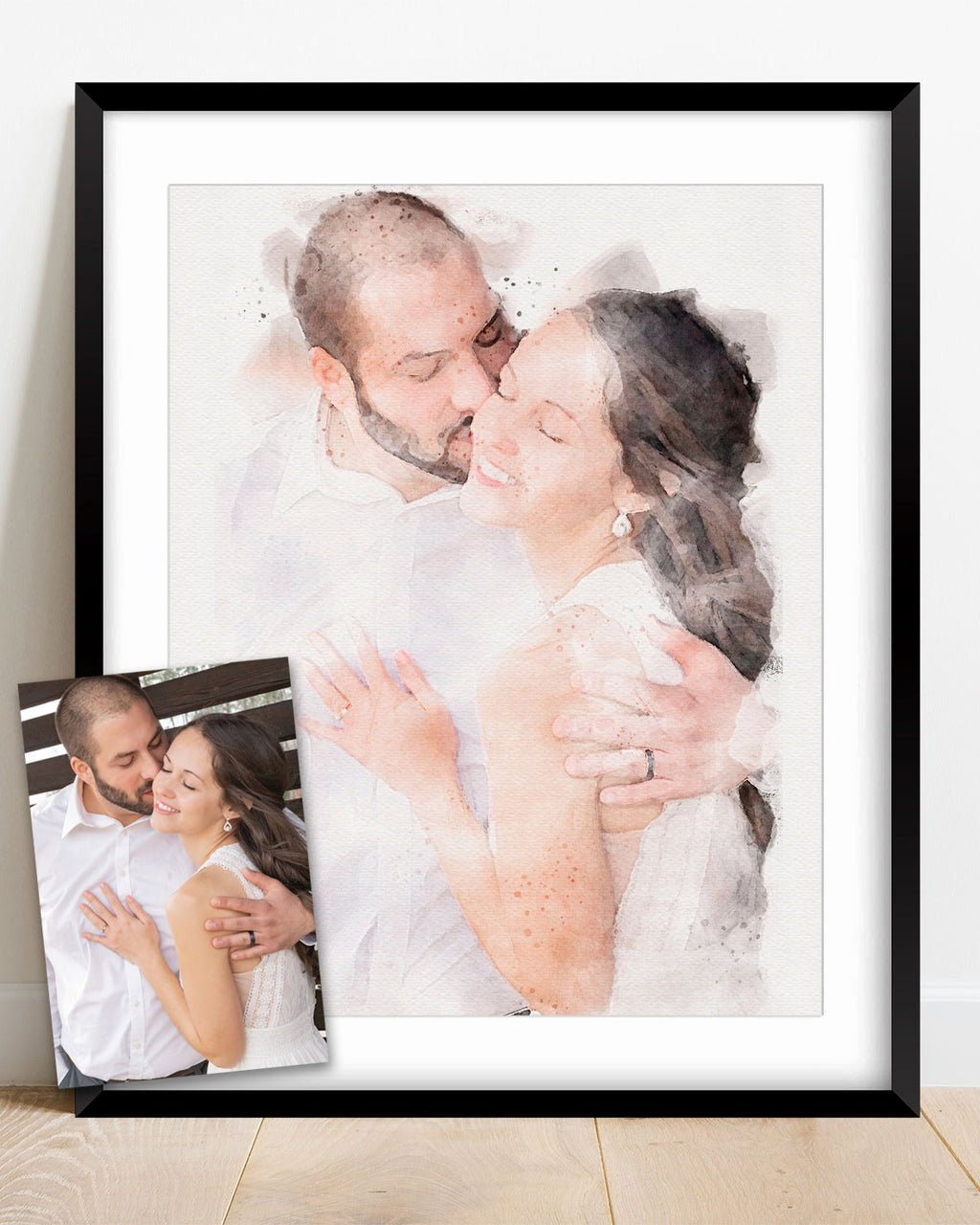 Custom Portrait Art from your photo. Image shows original photograph with watercolor portrait next to it
