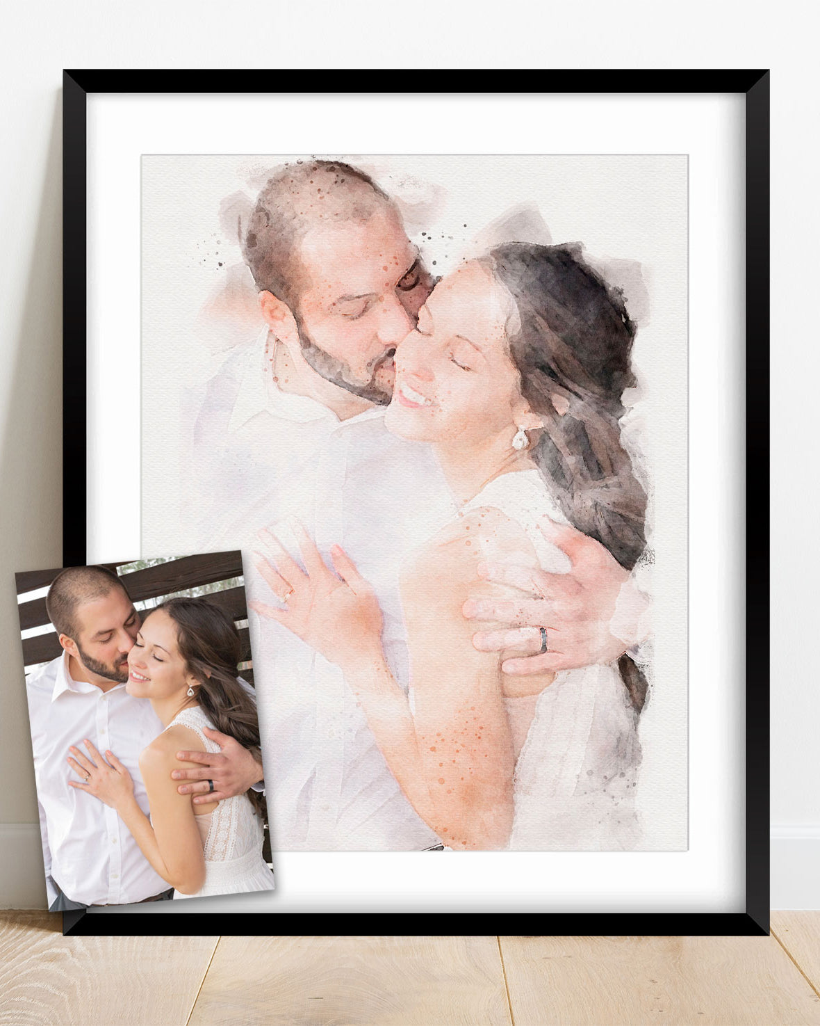 Custom Portrait Art from your photo. Image shows original photograph with watercolor portrait next to it