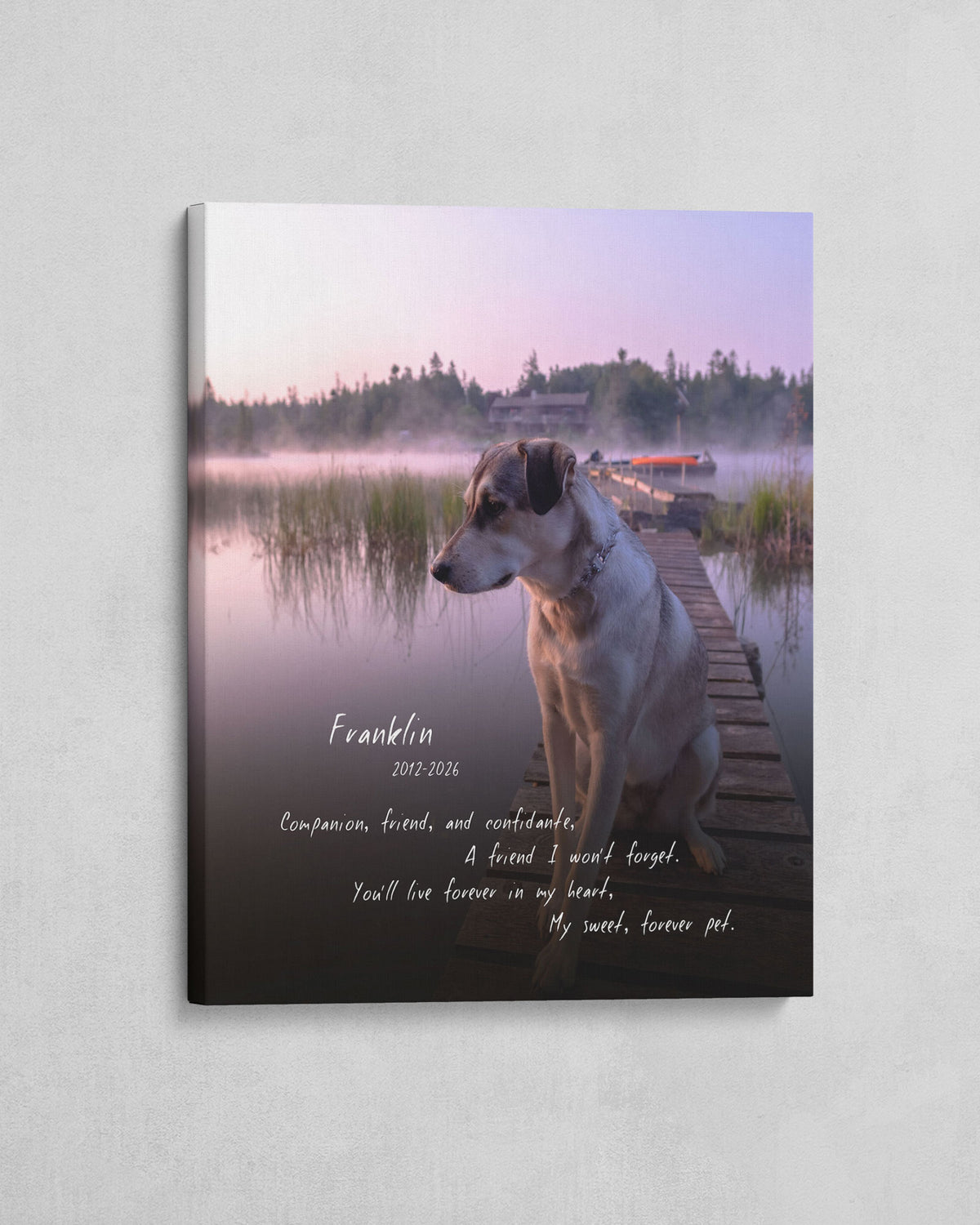 Personalized dog memorial photo canvas with name, dates and remembrance text