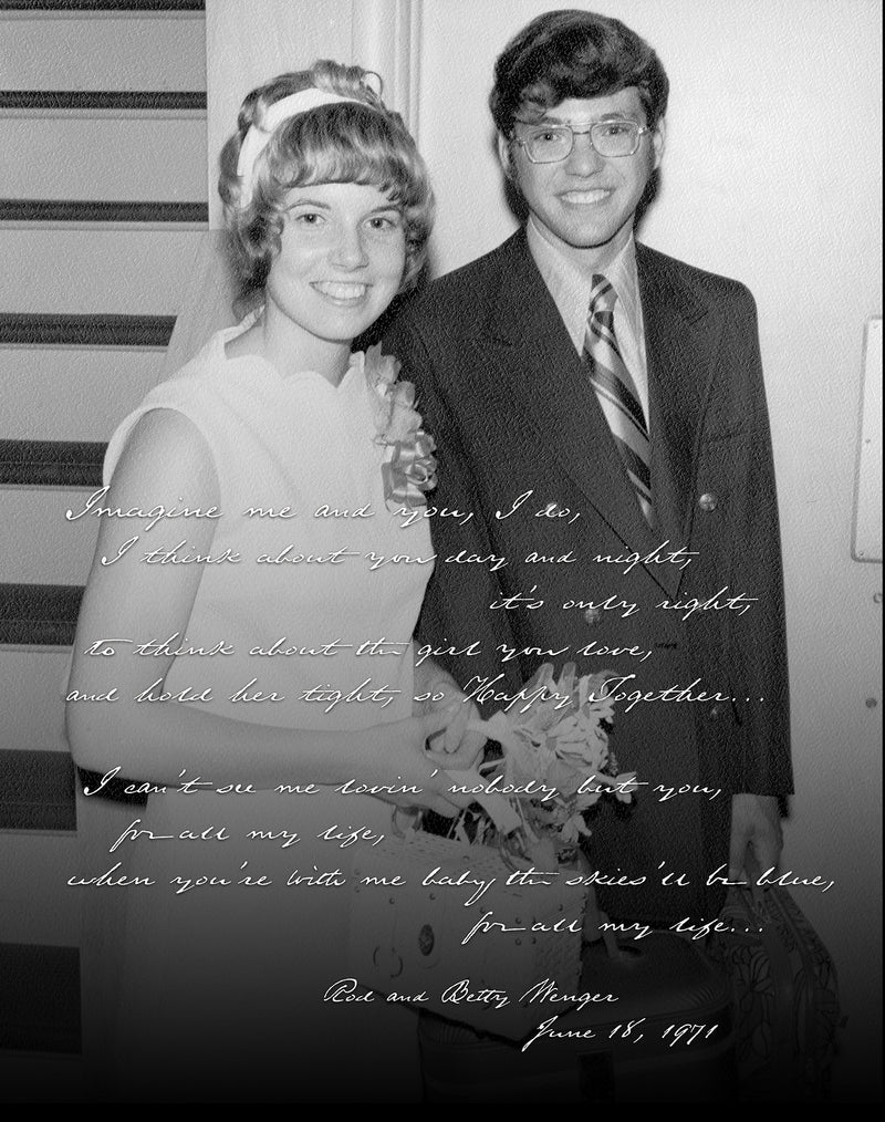 Custom Wedding Anniversary Gift. Black and white photo of a couple in formal attire with a quote overlay from Transit Design.