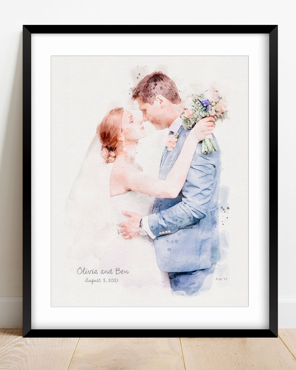 Custom Portrait Art from your photo. Watercolor portrait of a bride and groom in a frame.
