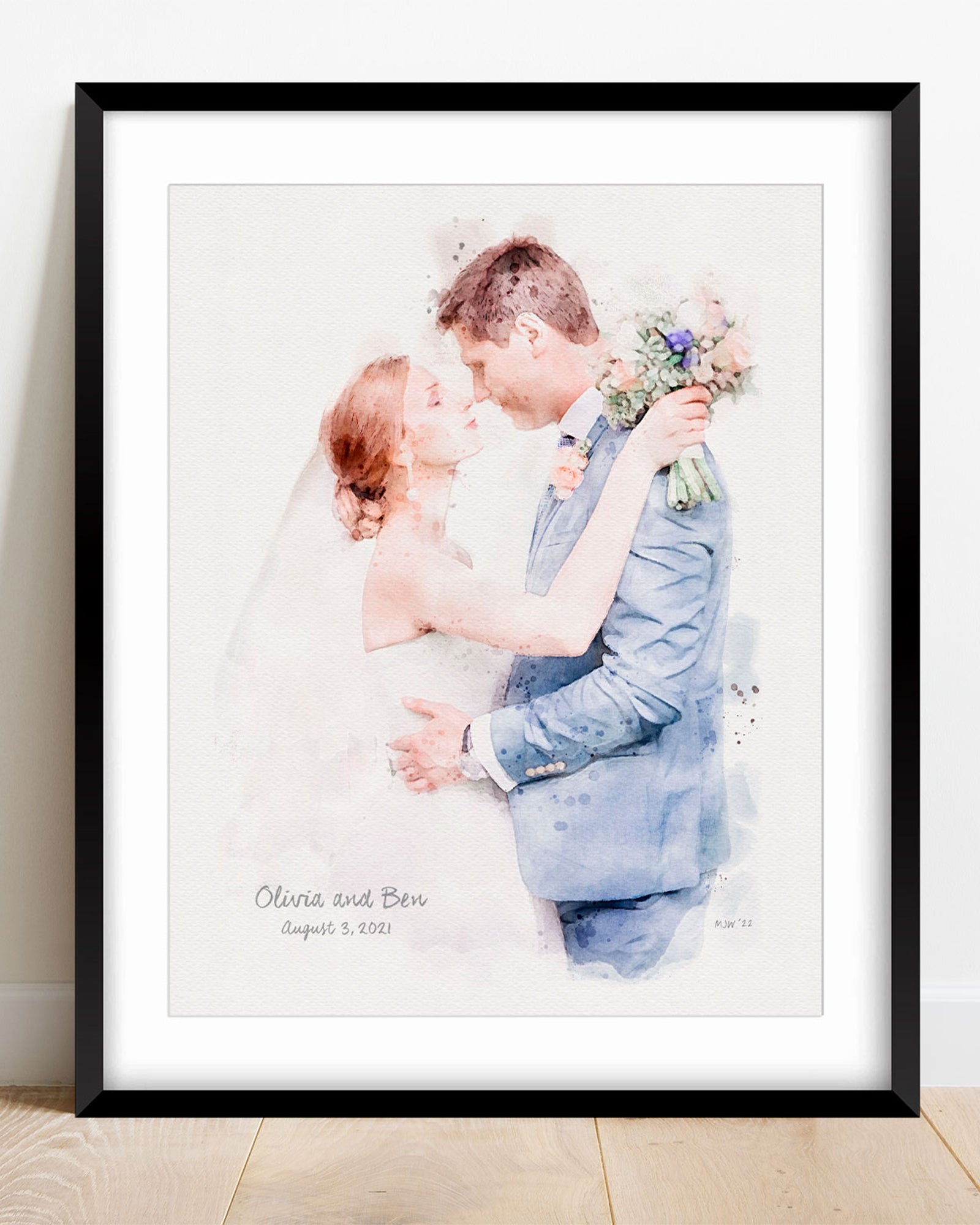 Custom Portrait Art from your photo. Watercolor portrait of a bride and groom in a frame.