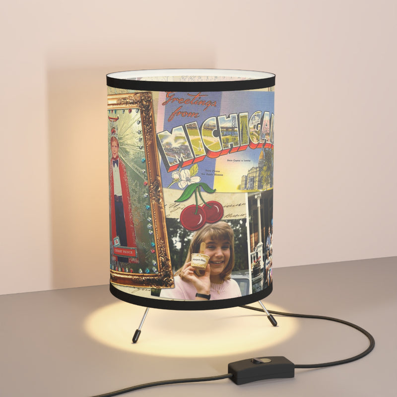 Table lamp with a Michigan-themed design on the shade, featuring images and text by Transit Design.