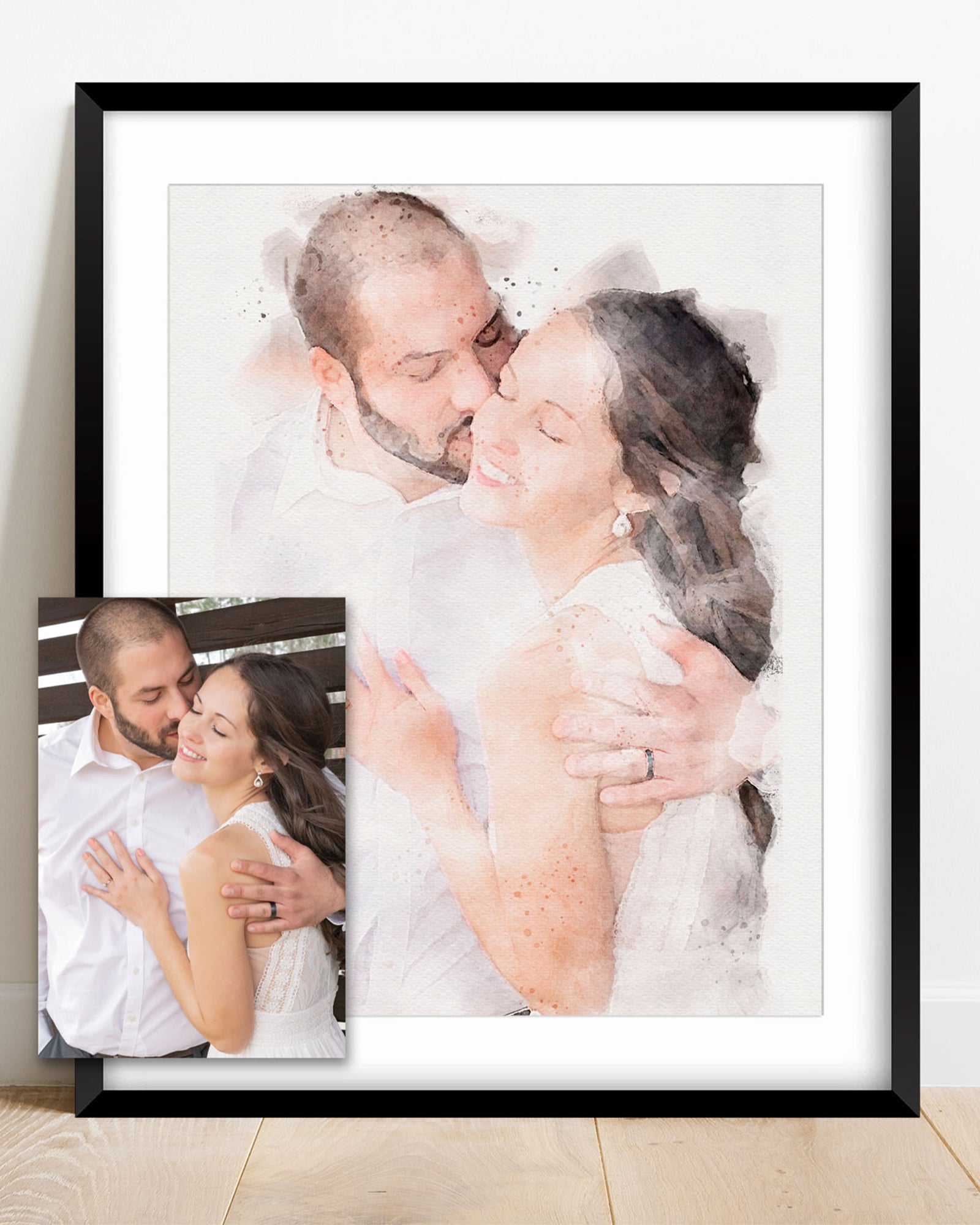Custom Portrait Art from your photo. Image shows original photograph with watercolor portrait next to it.