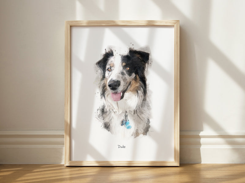 Custom Dog Portrait framed and leaning against a wall