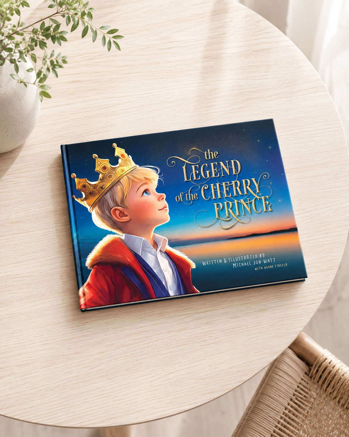 The Legend of the Cherry Prince Children's Picture Book by Michael Jon Watt sitting on a modern table