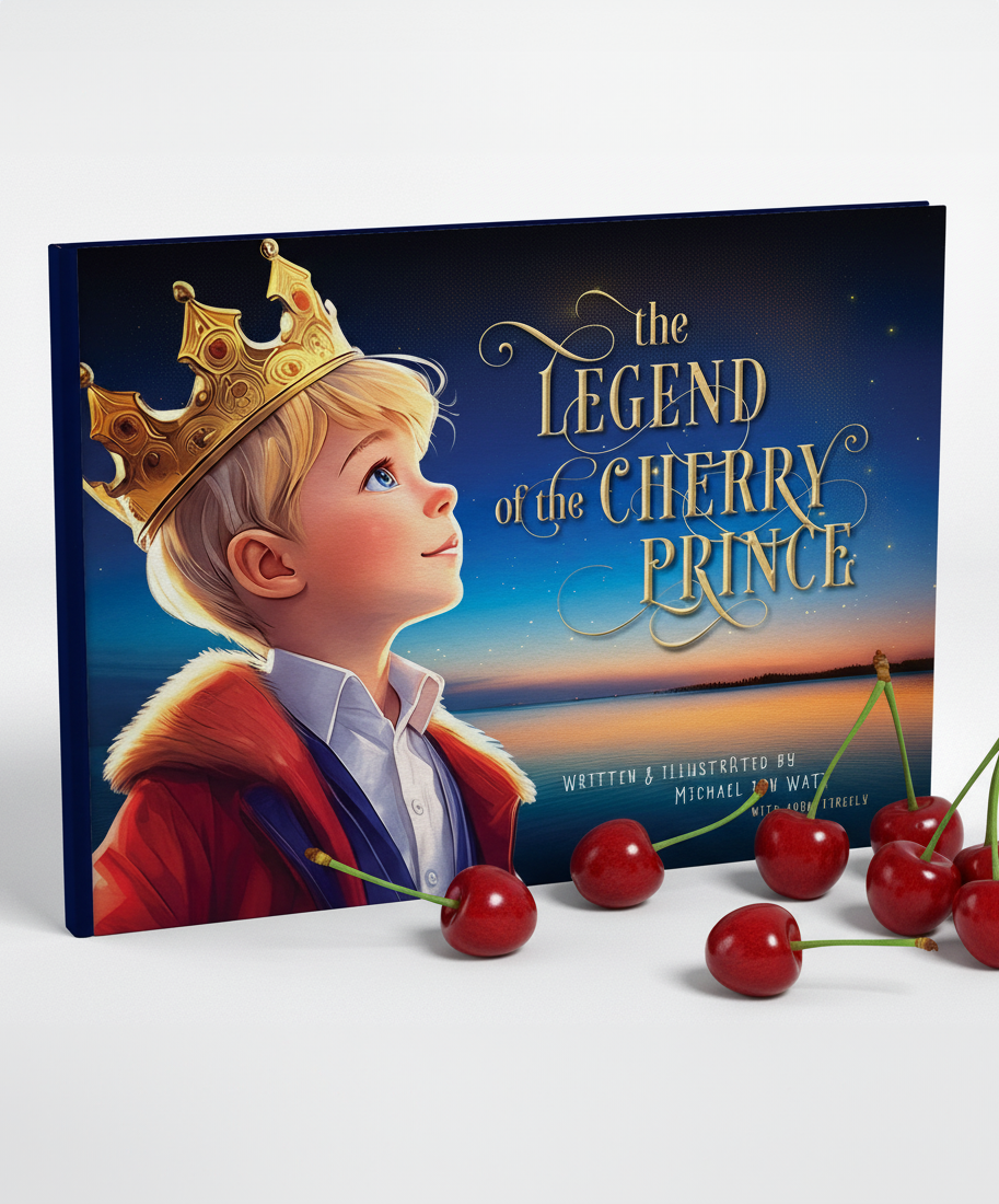 Book titled 'The Legend of the Cherry Prince' with a boy wearing a crown and cherries on a white background