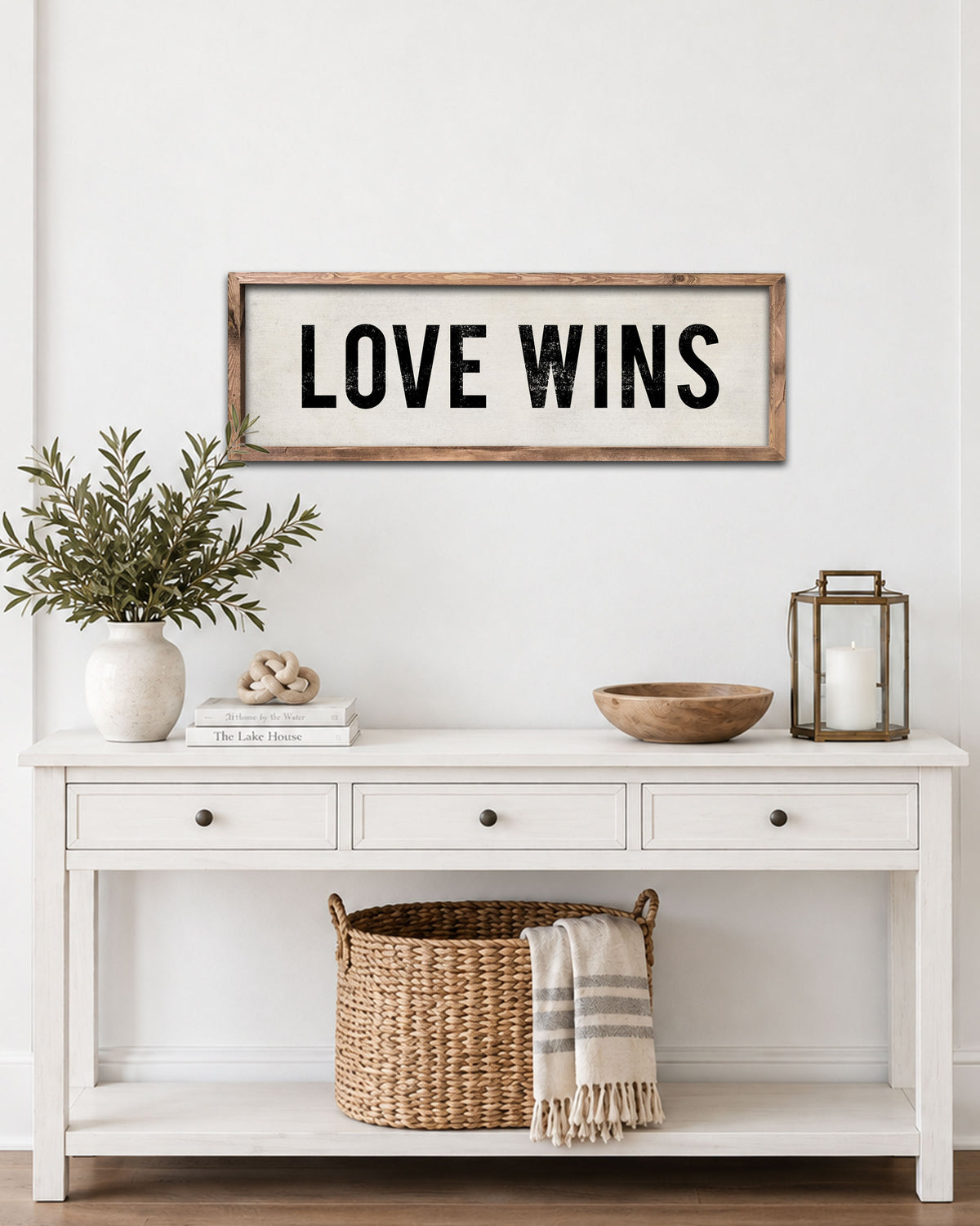Farmhouse Style Love Wins Sign in bathroom, wood farmhouse wall art