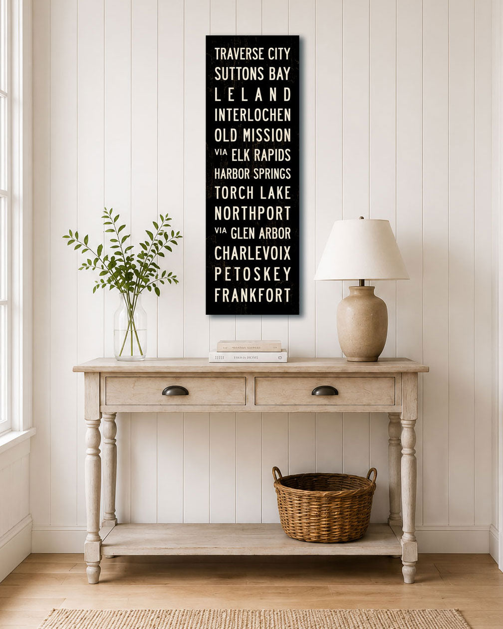 Michigan subway sign hanging above a living room console