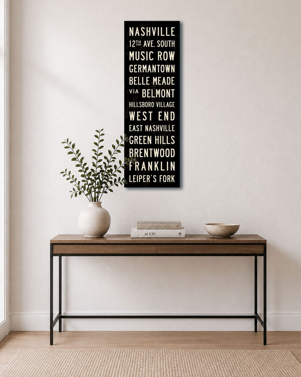 Small Nashville Subway Sign hanging above modern console