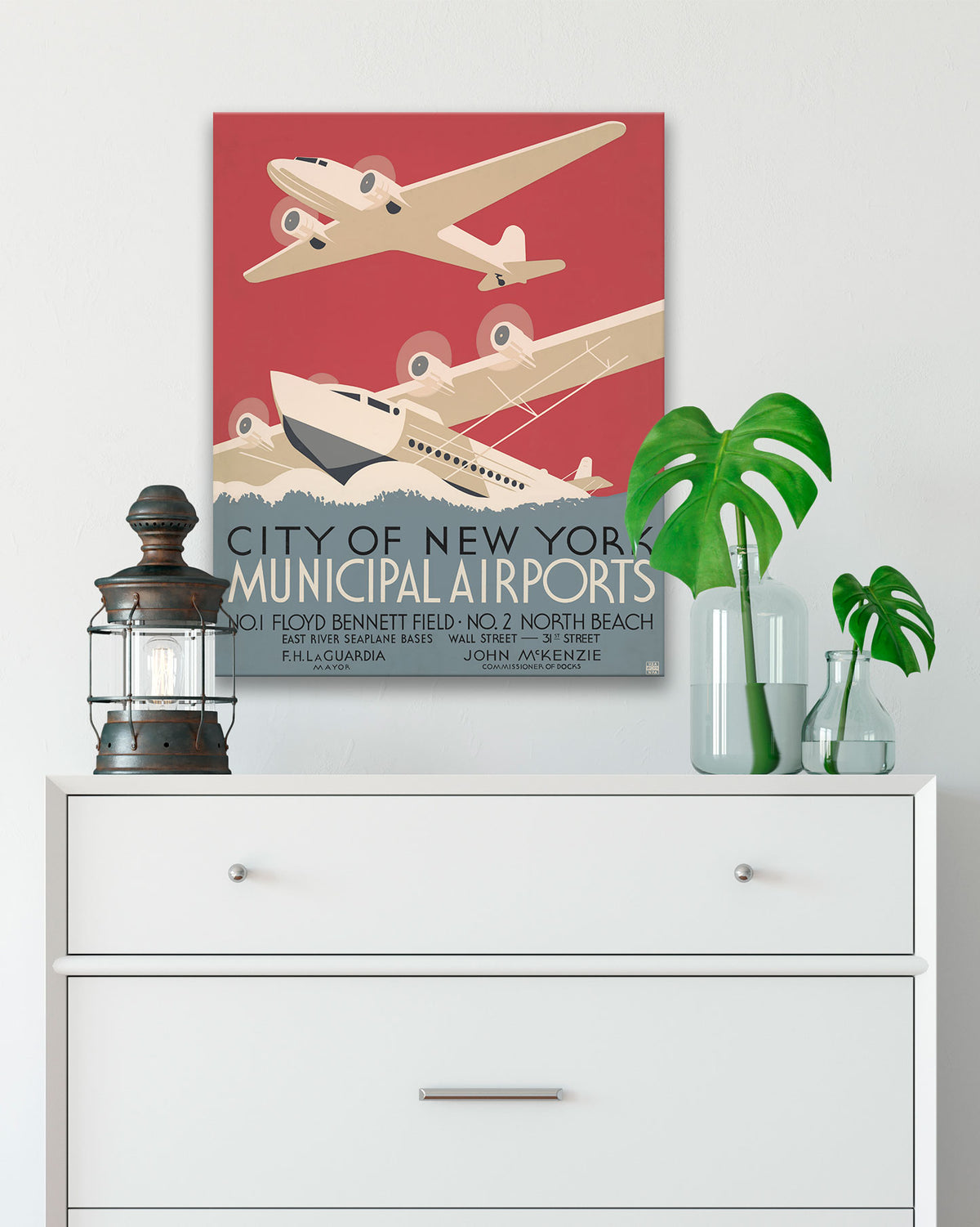 City of New York Municipal Airports WPA Poster hanging above a dresser