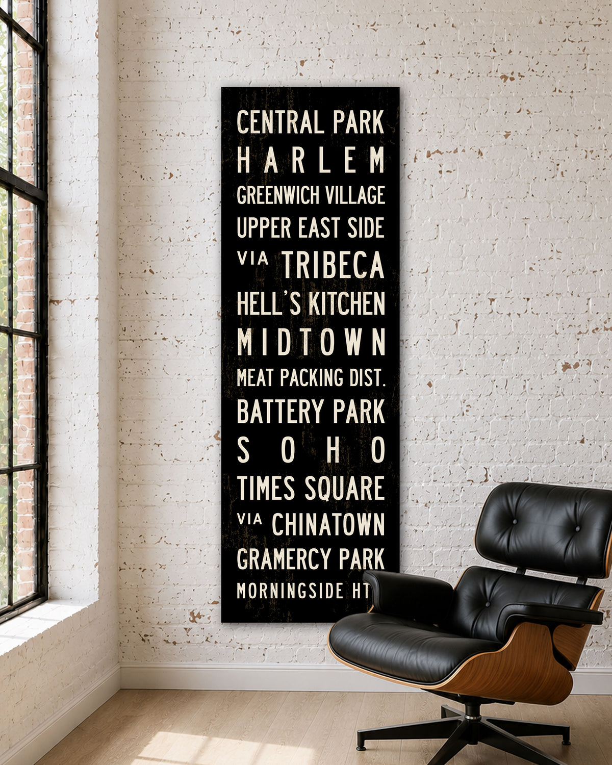 New York Subway Sign displayed as canvas wall art in warehouse loft