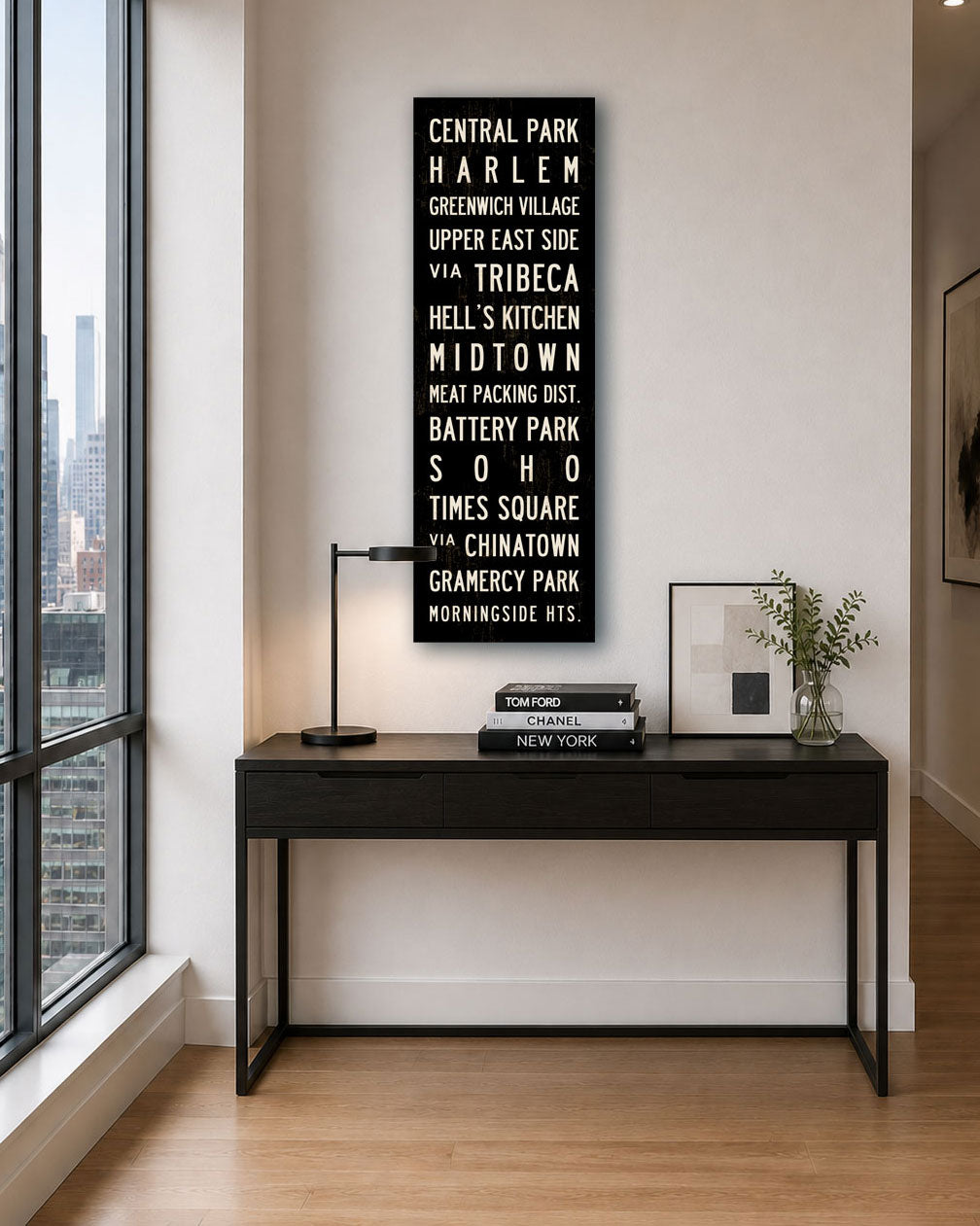 New York Subway Sign Canvas Art hanging in an apartment