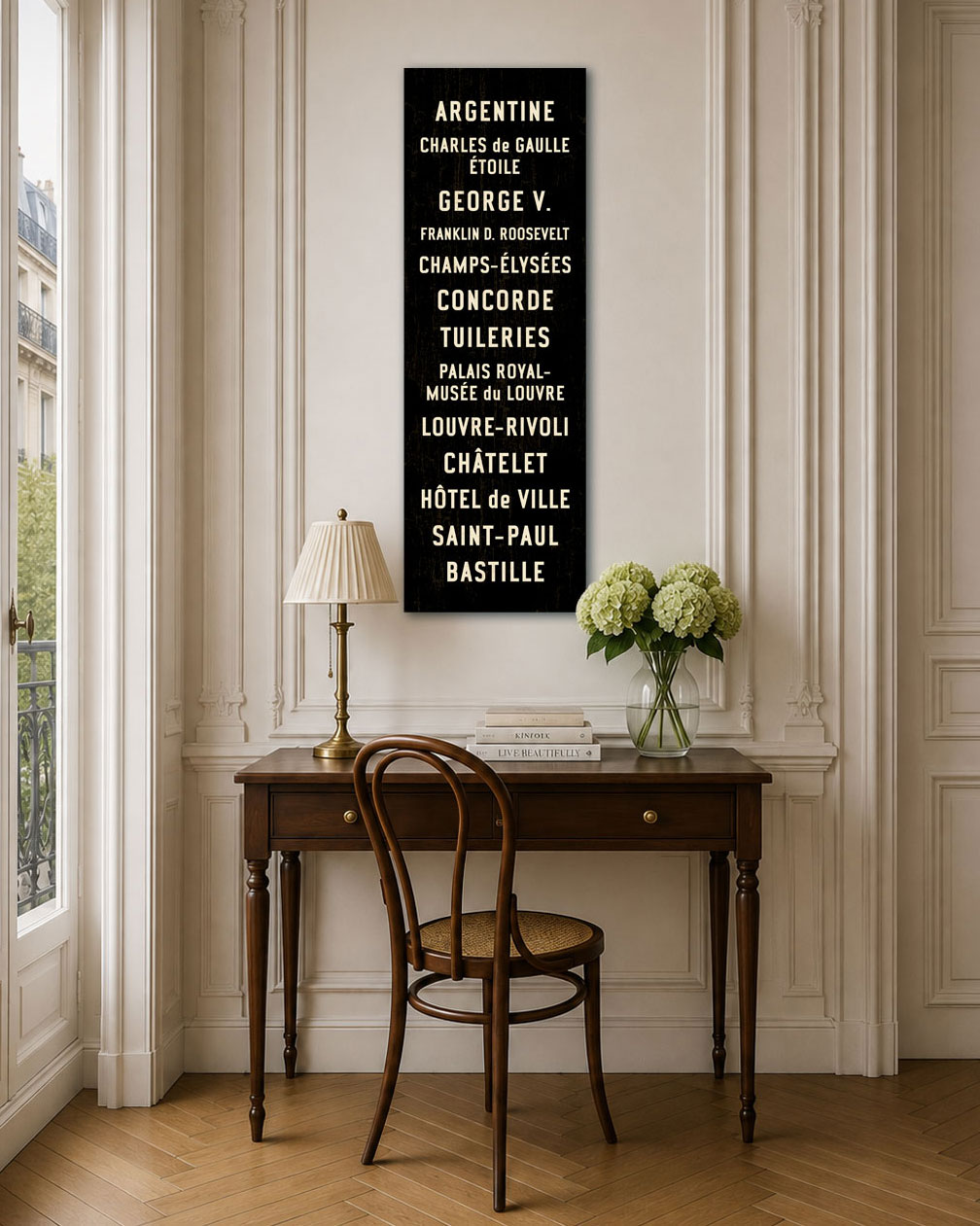 Paris Metro Subway Sign Canvas Wall Art hanging in Parisian apartment