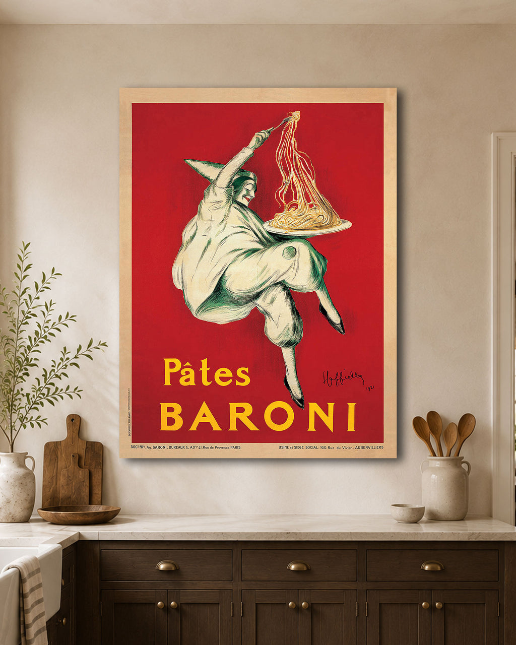 Vintage Pates Baroni Leonetto Cappiello Poster on Oversized Canvas and hanging in a kitchen