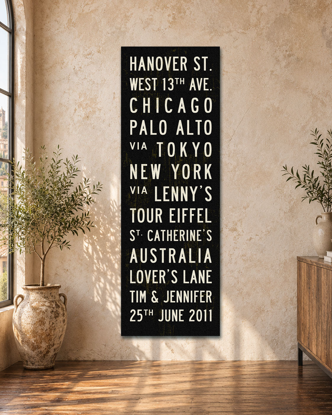 Personalized Wedding Subway Sign hanging on a wall in an Italian villa.