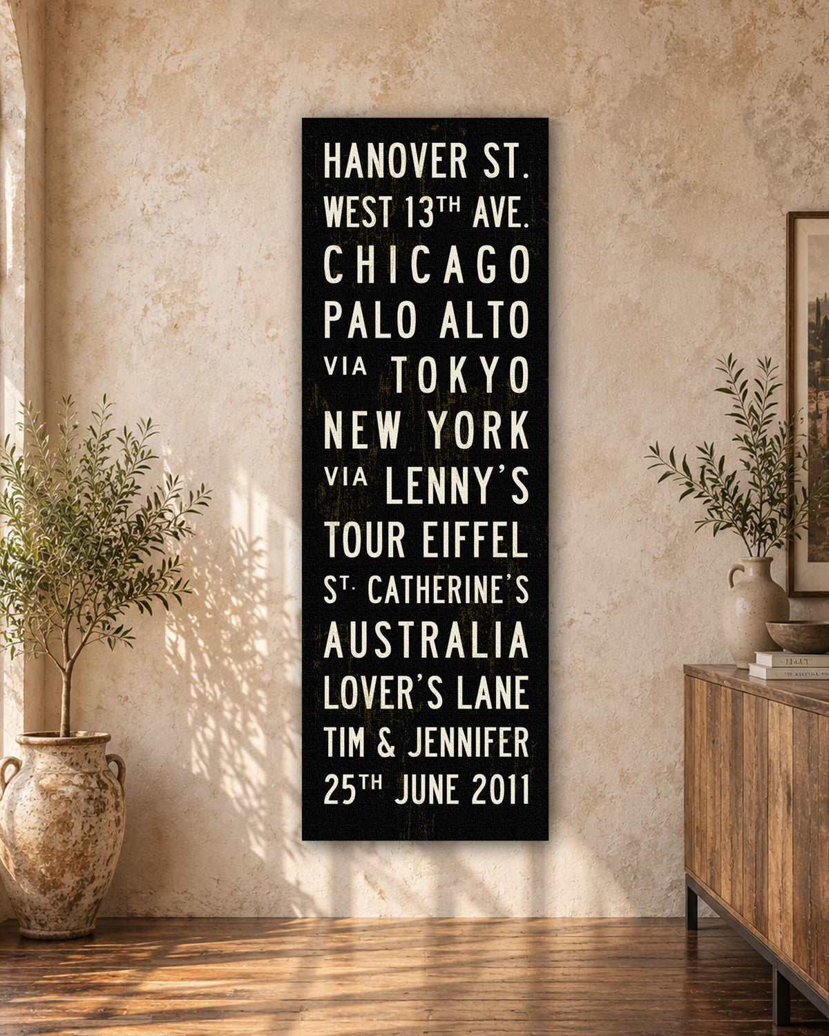 Personalized Wedding Subway Sign hanging on a wall in an Italian villa.