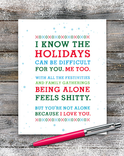 I know the holidays can be difficult encouraging Christmas Card with red pen.