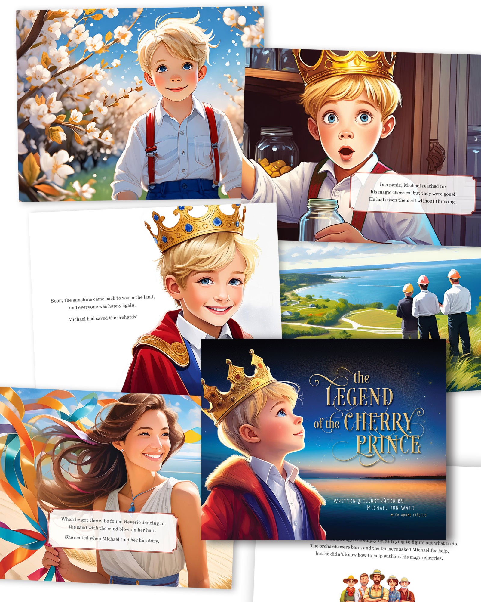 Collage of images from 'The Legend of the Cherry Prince' Children's Picture Book with characters and scenes by Michael Jon Watt
