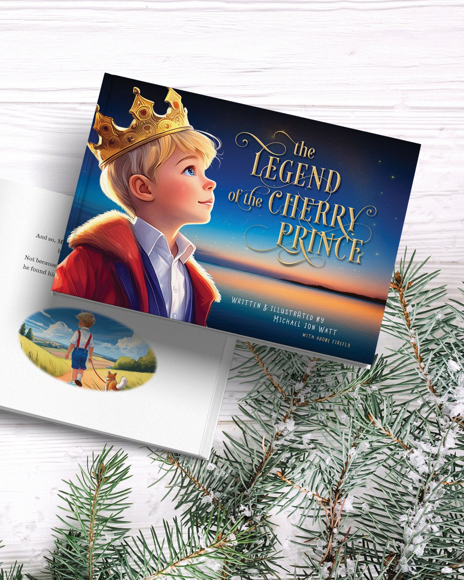 Book titled 'The Legend of the Cherry Prince' with a boy in a red coat and crown on a white surface with greenery.