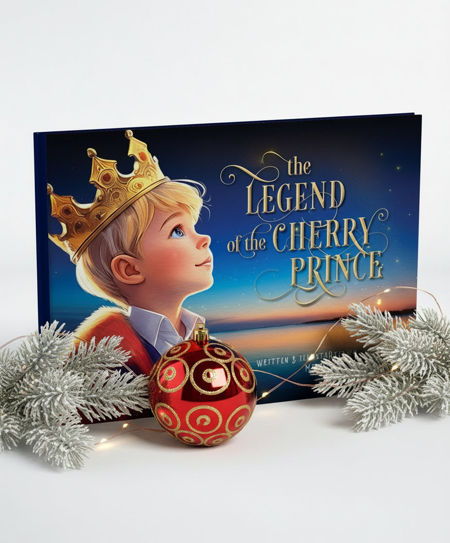 Book cover of 'The Legend of the Cherry Prince' children's picture book with a boy wearing a crown against a sunset sky.