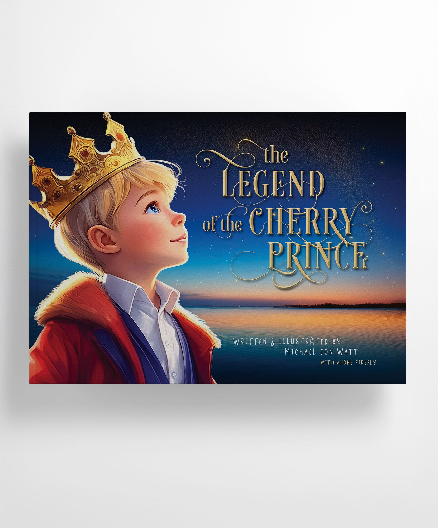 Book cover of 'The Legend of the Cherry Prince' children's book with a prince wearing a crown against a sunset background.