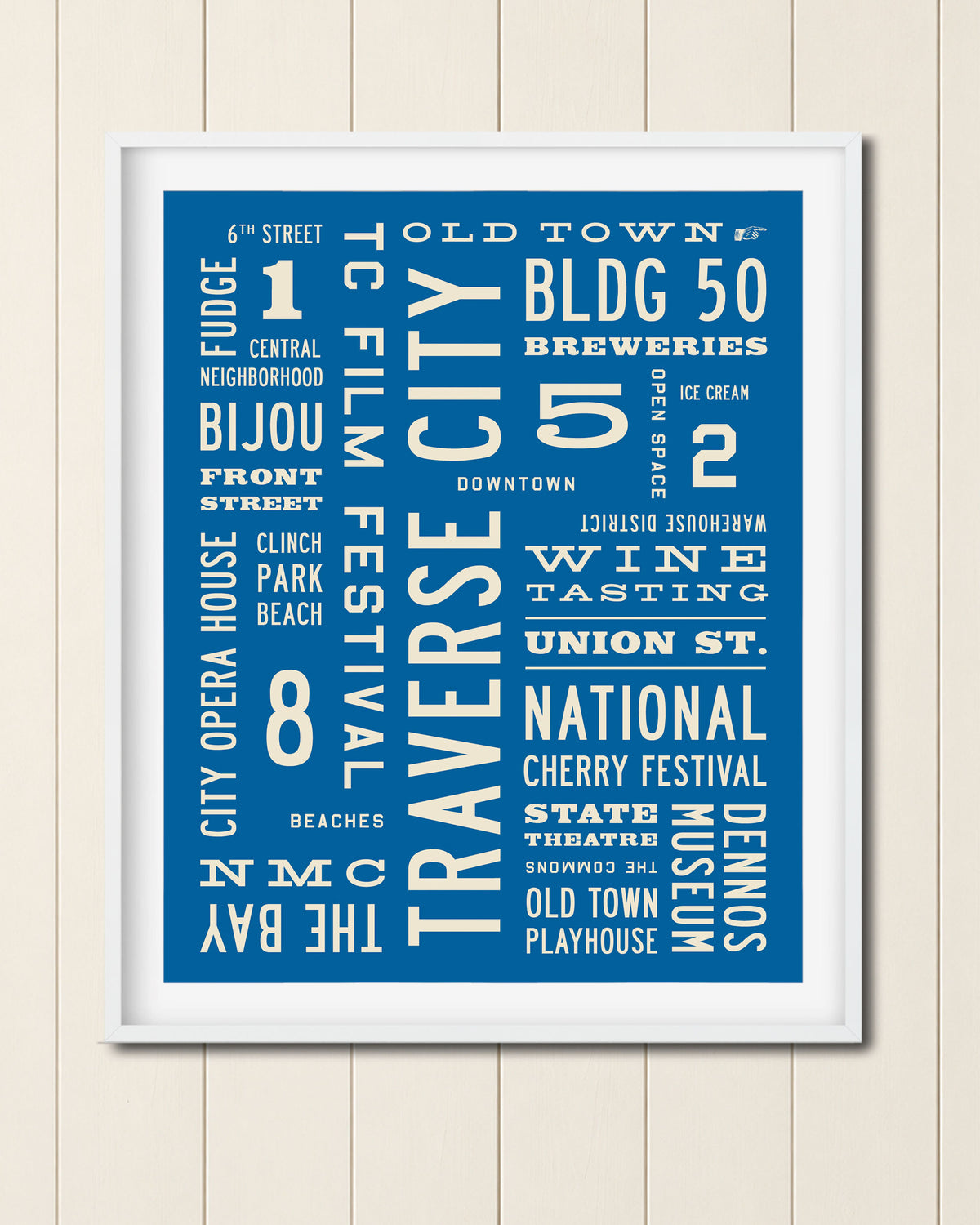 Traverse City Modern Word Art Print on cream colored wall