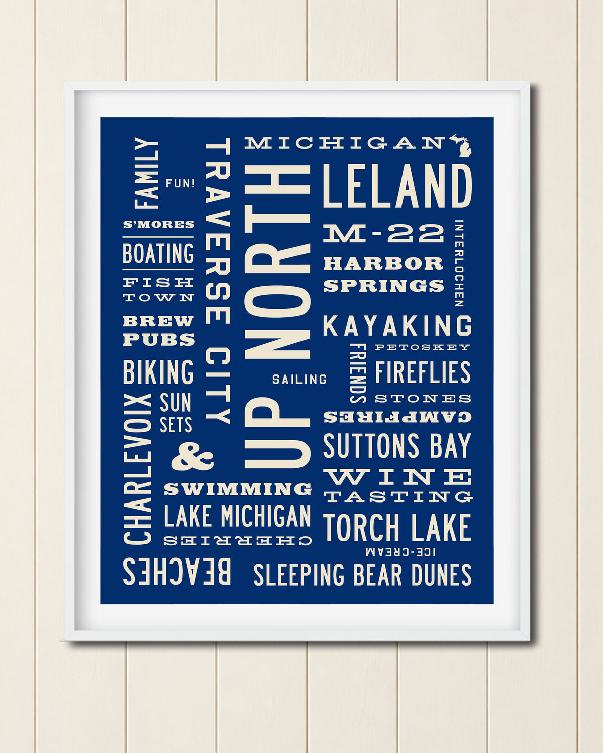 Up North Word Art Print, framed Michigan wall art on light wall