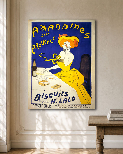 Vintage Amandines de Provence Poster by Leonetto Cappiello on Oversized Canvas hanging in a dining room