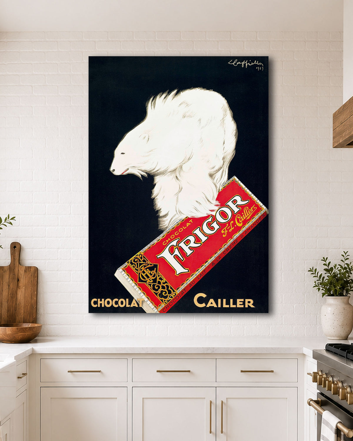 Vintage Leonetto Cappiello Chocolat Frigor Poster hanging in a kitchen
