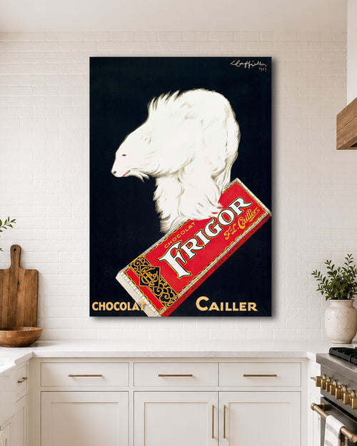 Vintage Leonetto Cappiello Chocolat Frigor Poster hanging in a kitchen