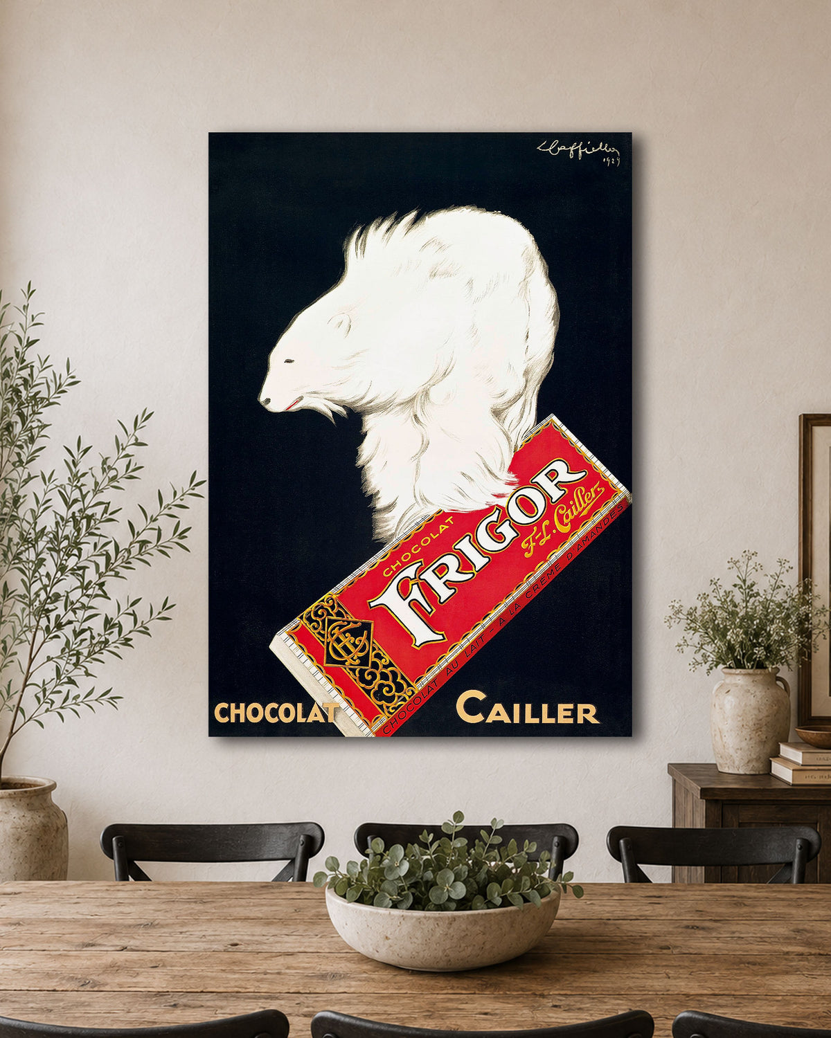 Chocolat Frigor Polar Bear poster, Leonetto Cappiello Poster on a large canvas hanging in a dining room