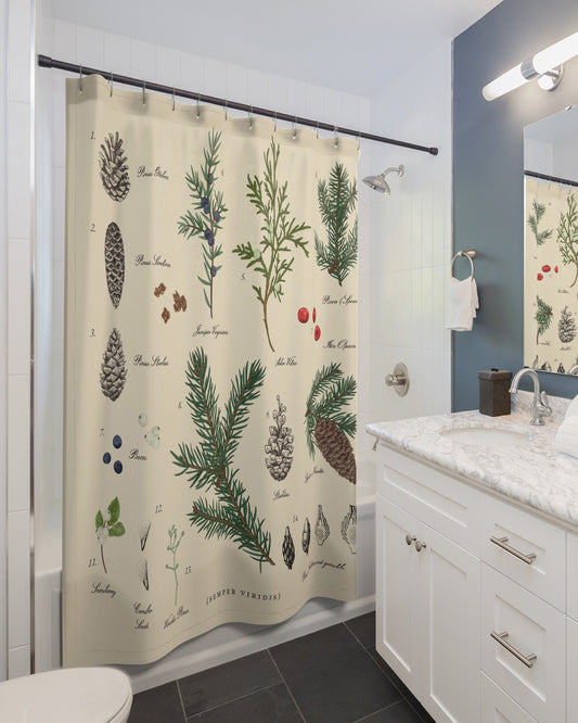 Winter Shower Curtain with Vintage Pine Botanical Print