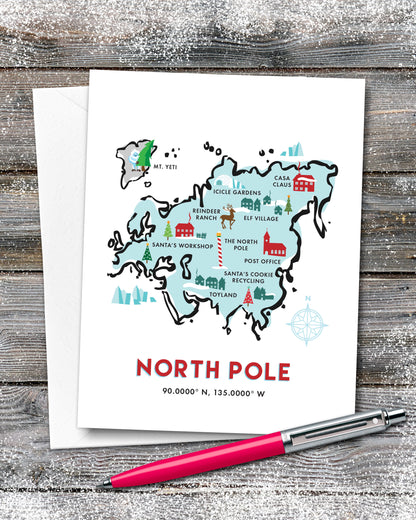 Santa's Workshop Christmas Card, North Pole Map by Smirkantile