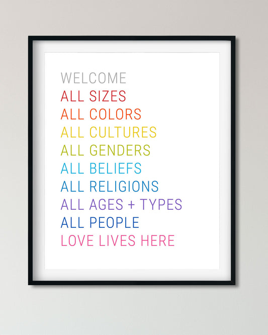 All Are Welcome Equality Poster Art with rainbow colored words - Transit Design