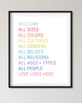 All Are Welcome Equality Poster Art with rainbow colored words