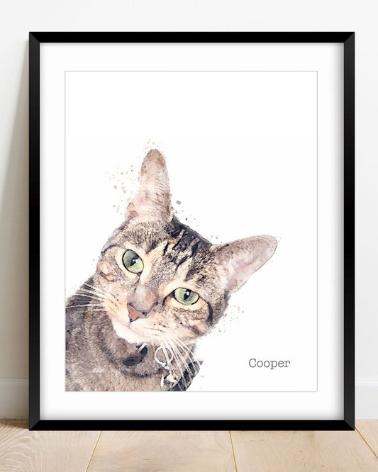 Custom Cat Portrait with tabby cat painted in watercolor - Transit Design