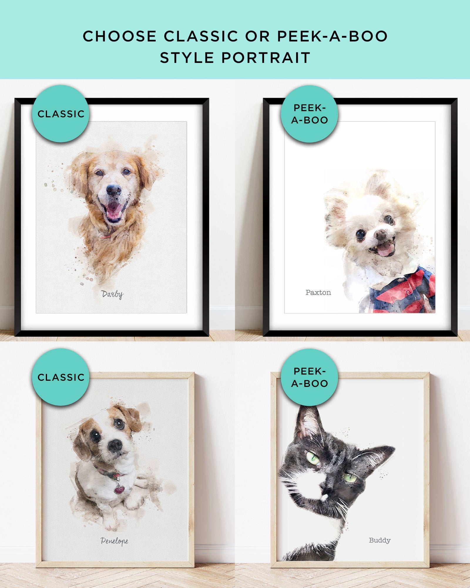Custom Dog Portrait examples with various poses - Transit Design